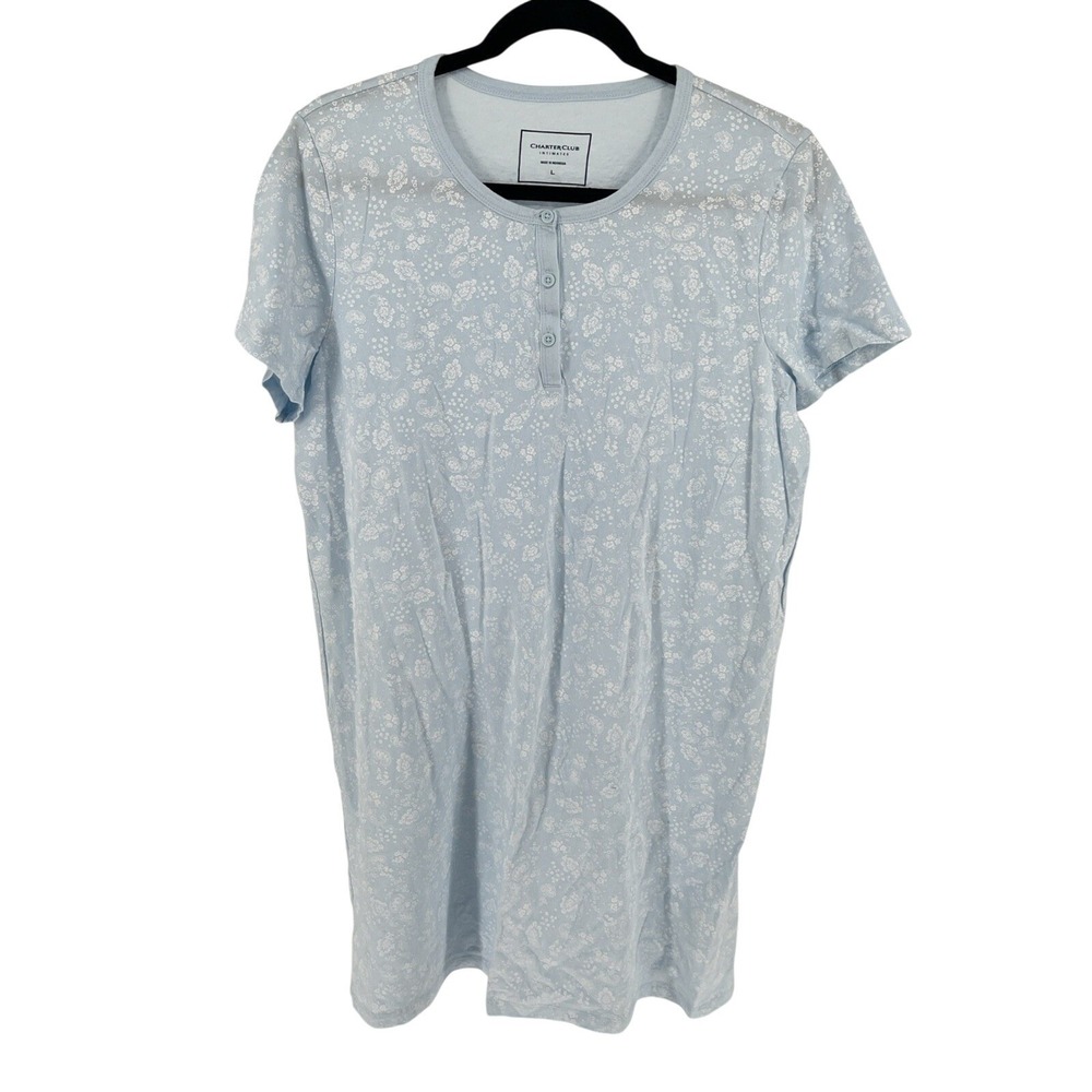 Charter Club Womens 100% Cotton Sleepshirt Nightgown Blue Floral Print Lounge LG